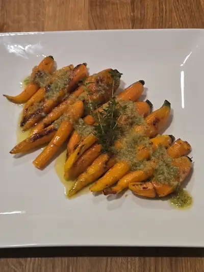 Roasted baby carrots with vibrant herb pesto — farm-fresh side dish by Nashville private chef Mollie