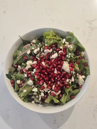 Pomegranate, feta and lentil salad — a nutritious and colorful dish by Chef Mollie Nashville